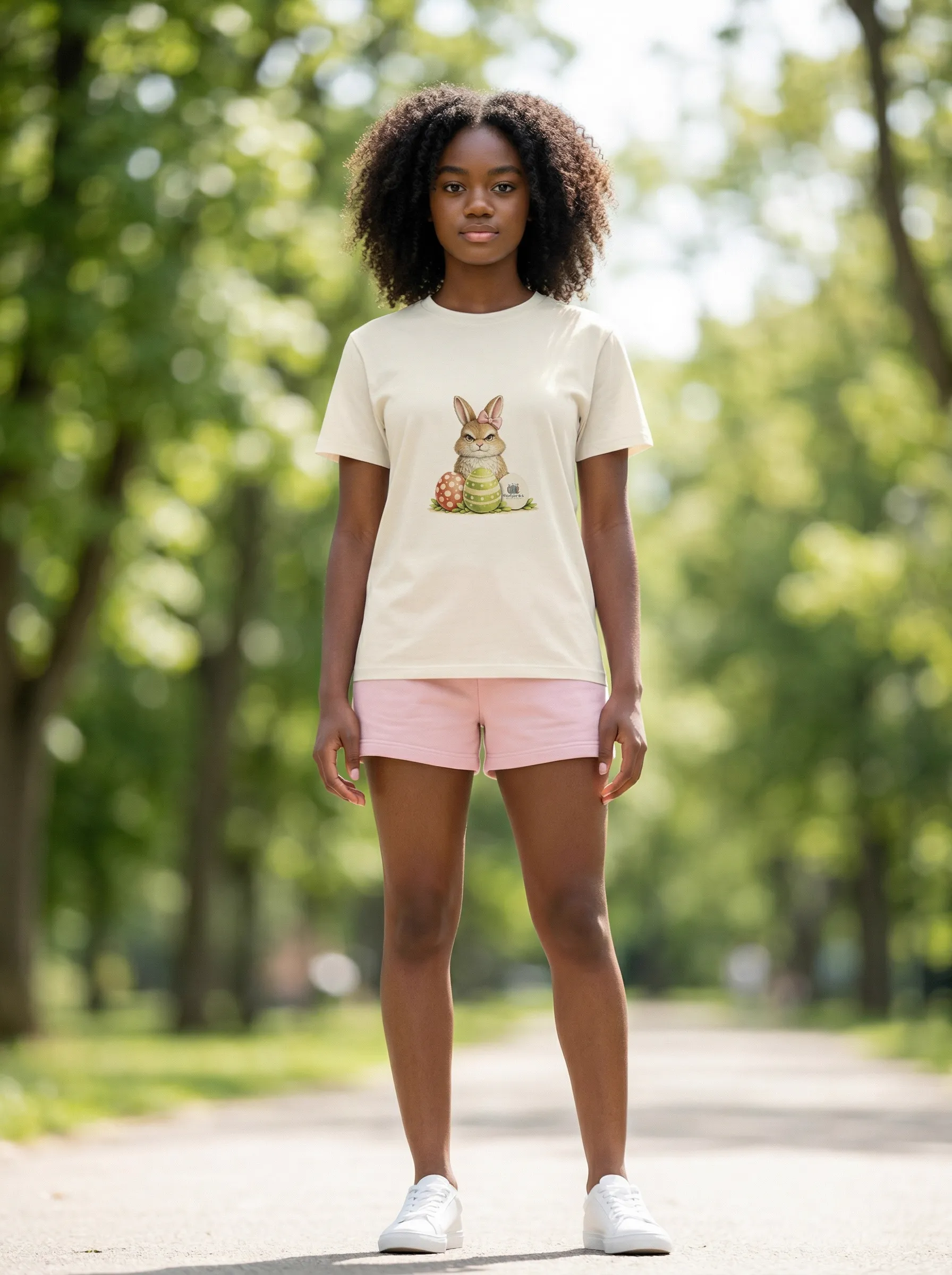MODA AI output 2 from Demo B — teen girl with curly hair in cream bunny t-shirt
