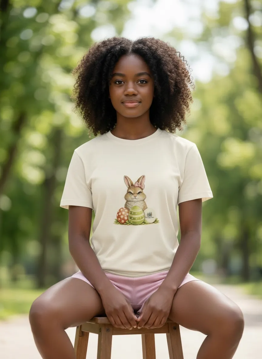 MODA AI output 3 from Demo B — teen girl with curly hair in cream bunny t-shirt