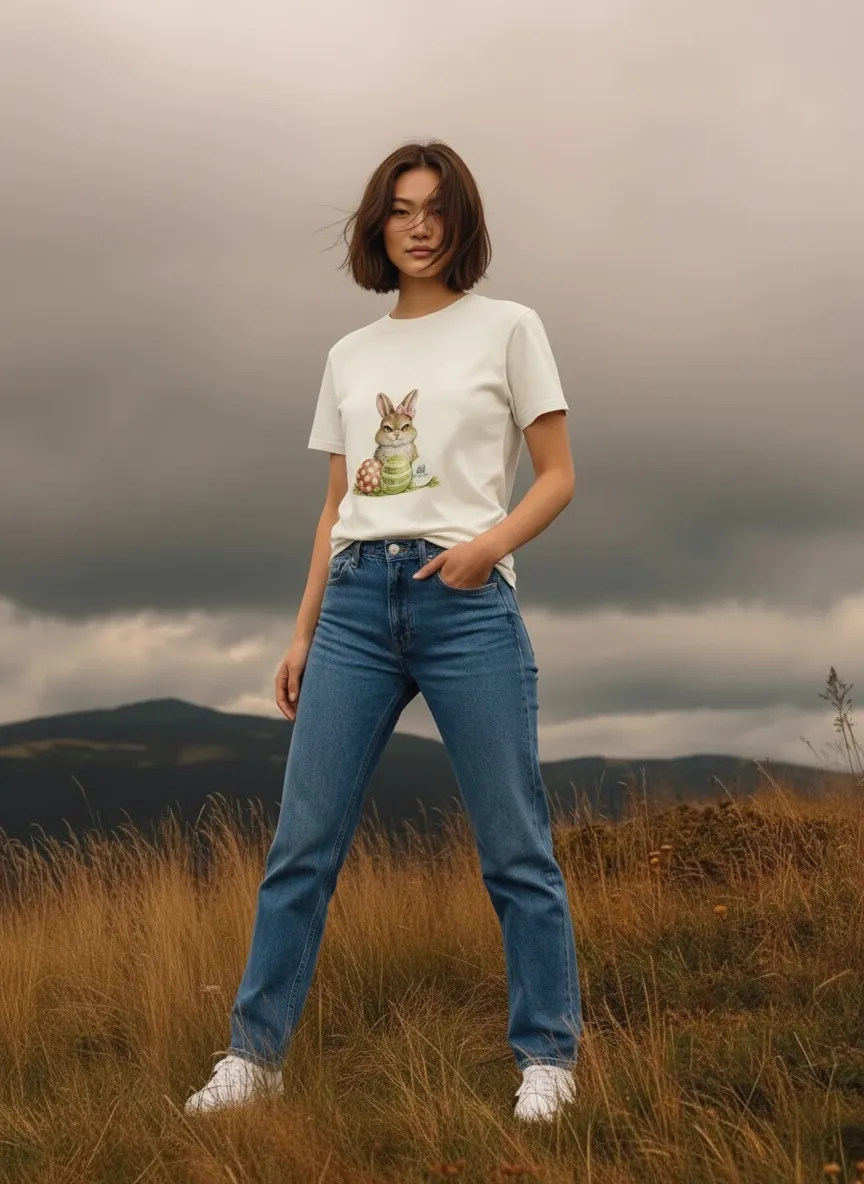 MODA AI catalog photography output 4 — same cream graphic t-shirt with different face and background reference combinations