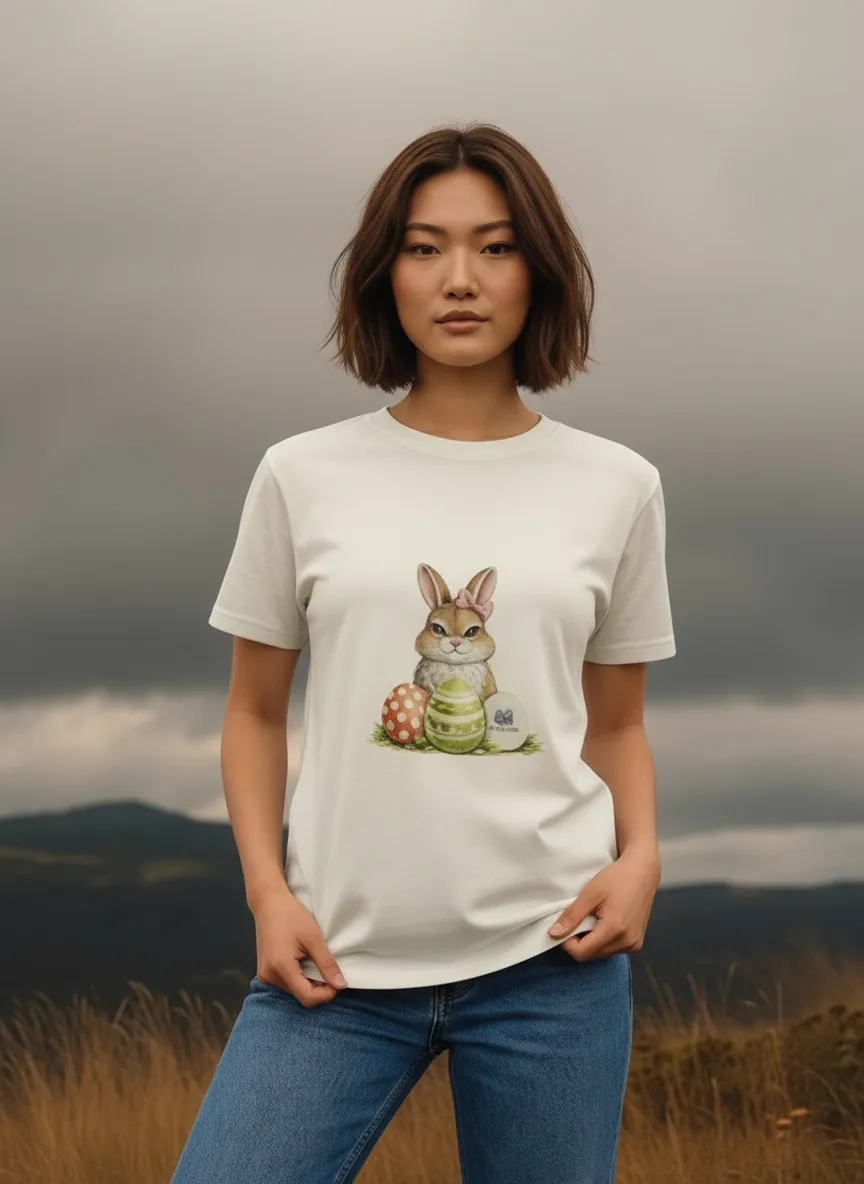 MODA AI output 2 from highland background reference shoot — model in cream bunny t-shirt