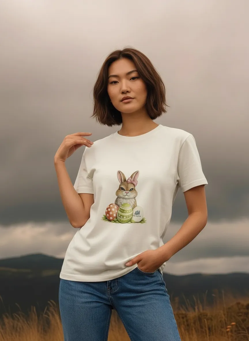 MODA AI output 3 from highland background reference shoot — model in cream bunny t-shirt
