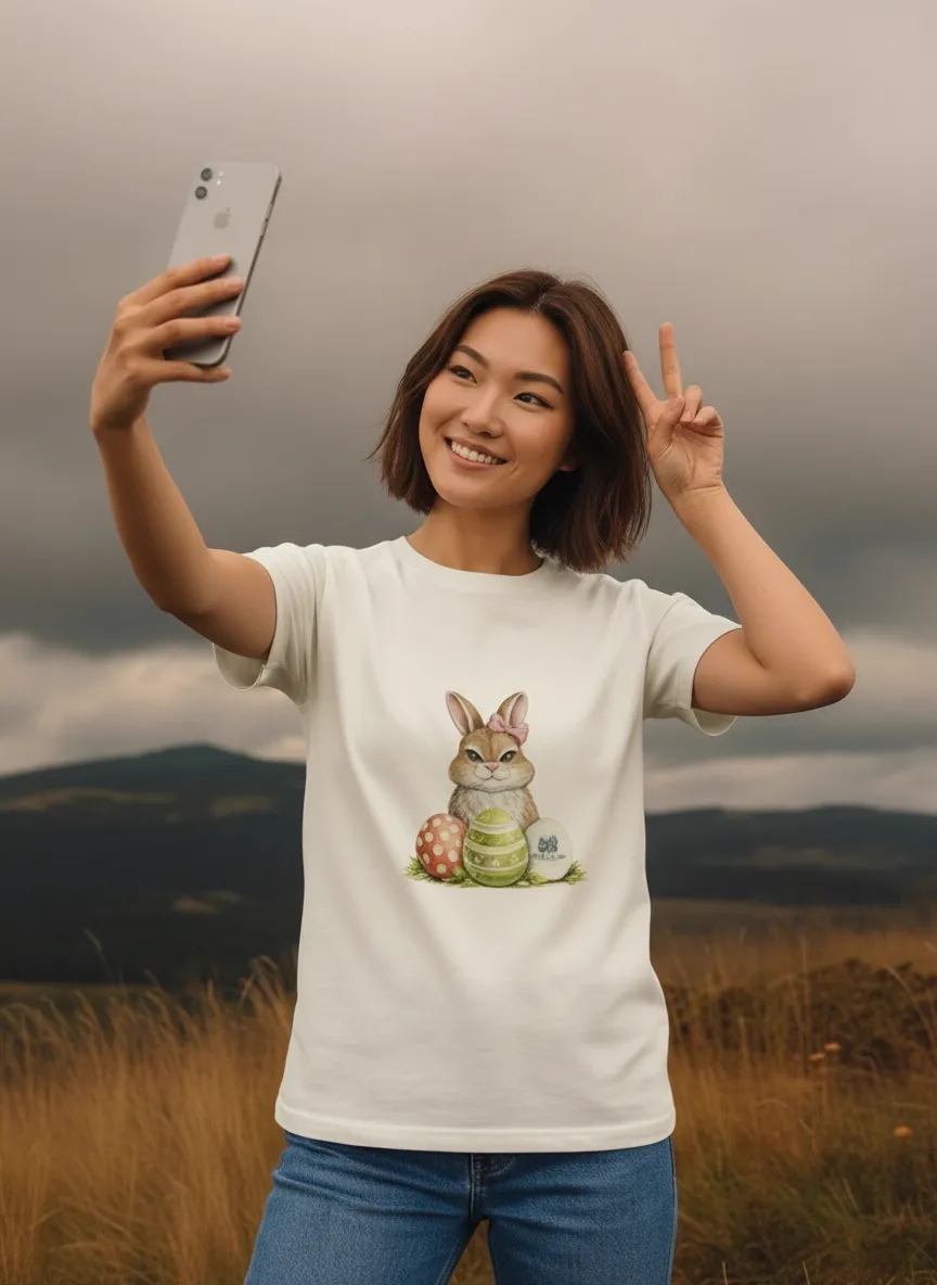 MODA AI output 4 from highland background reference shoot — model in cream bunny t-shirt