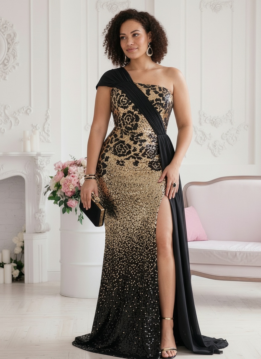 Front pose variation — sequin gown with thigh slit in French interior