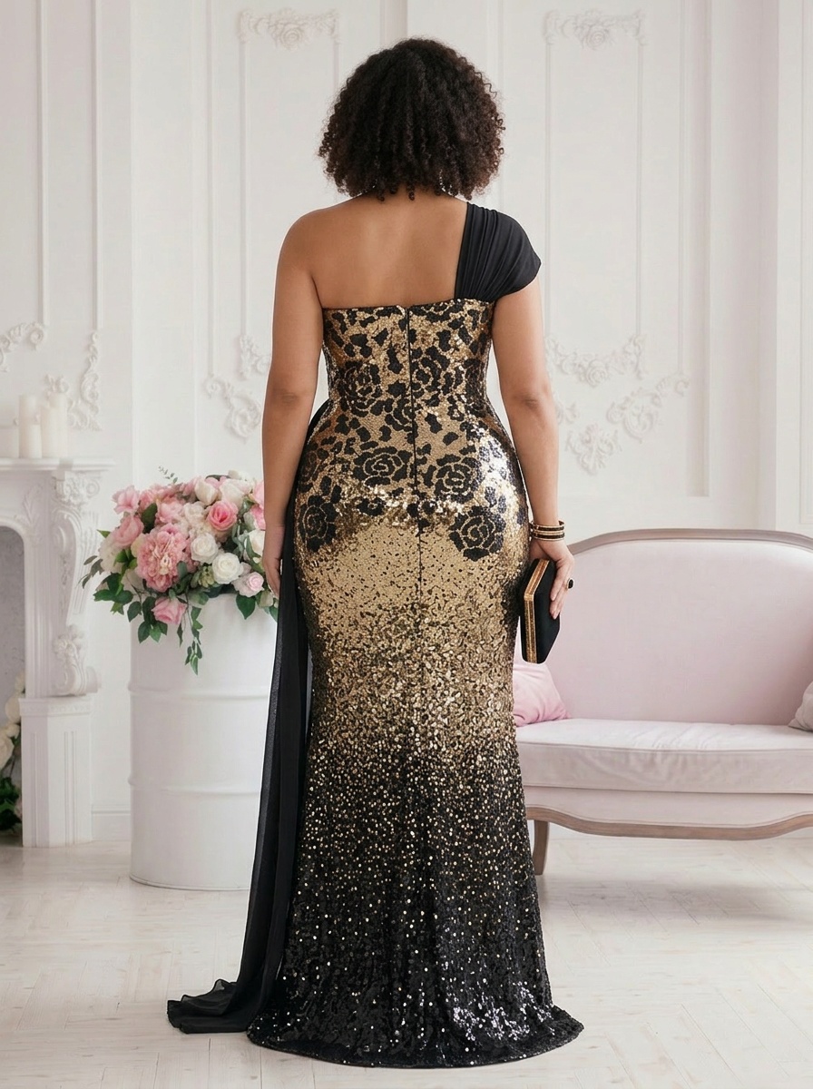Full back view — sequin gown silhouette with train