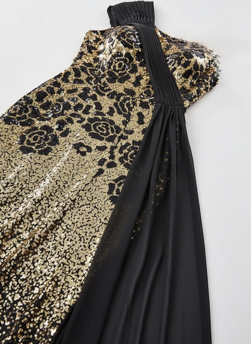 Product flat lay — sequin gown garment detail on neutral background