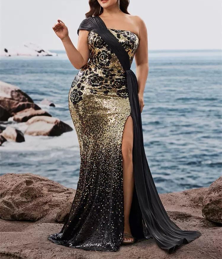Sequin gown product photo — original beach setting