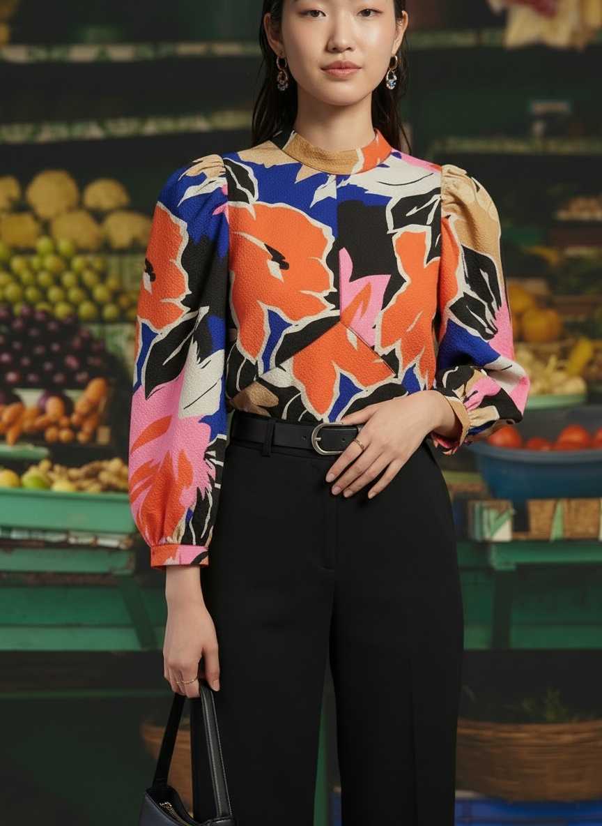 Waist-up detail — print texture and styling close-up