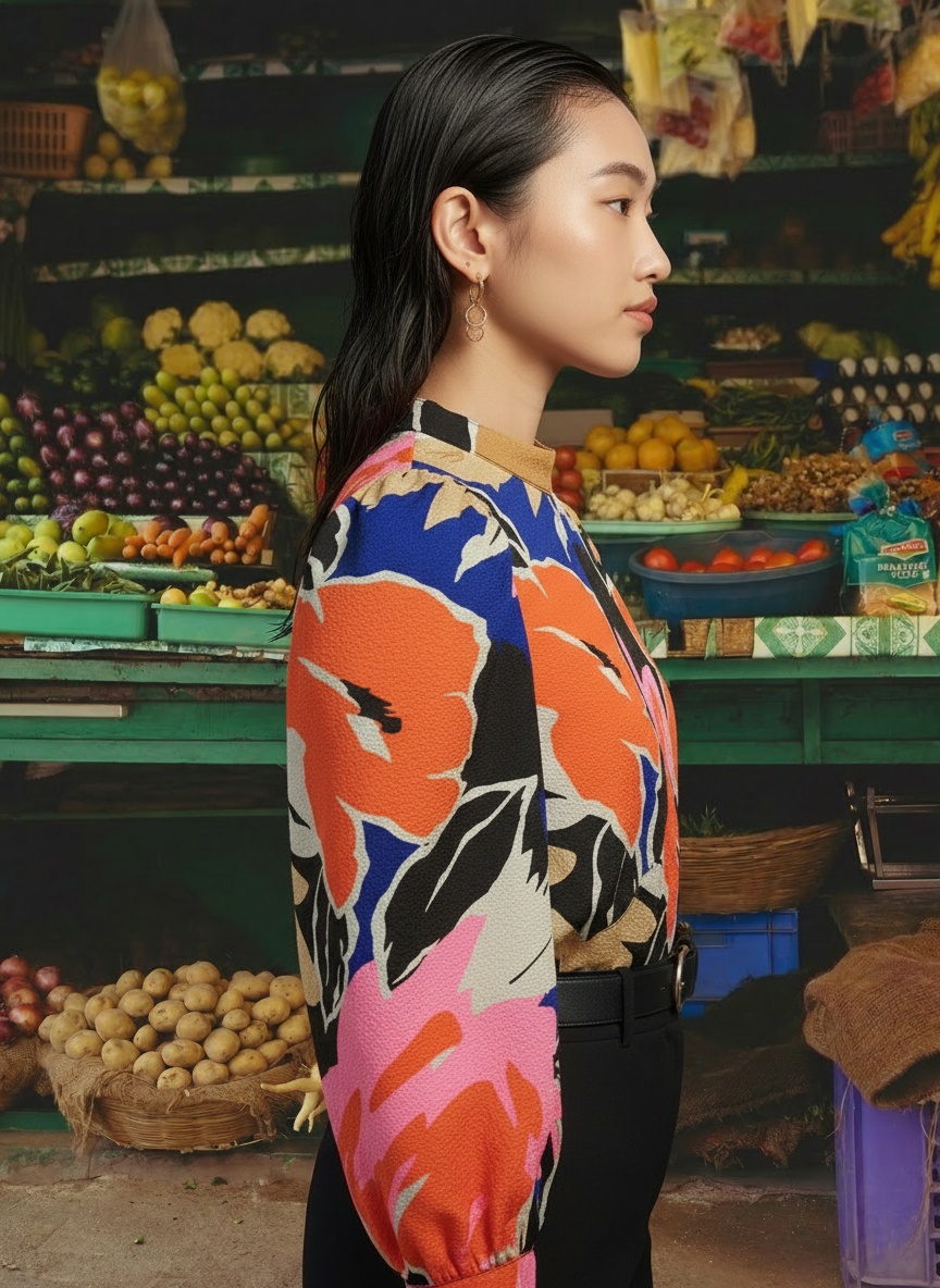 Side profile — sleek hair and pattern from the side