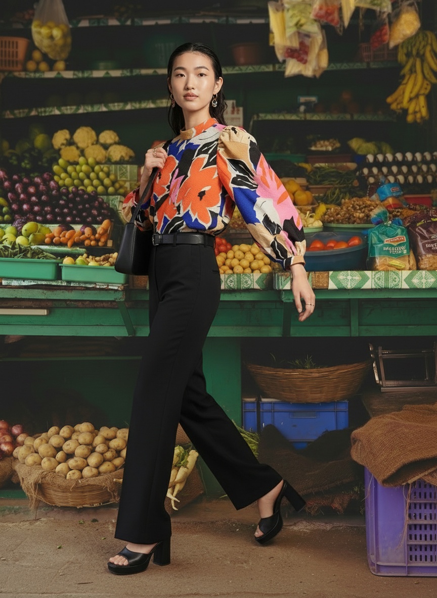 Lifestyle with bag — turning pose in market setting