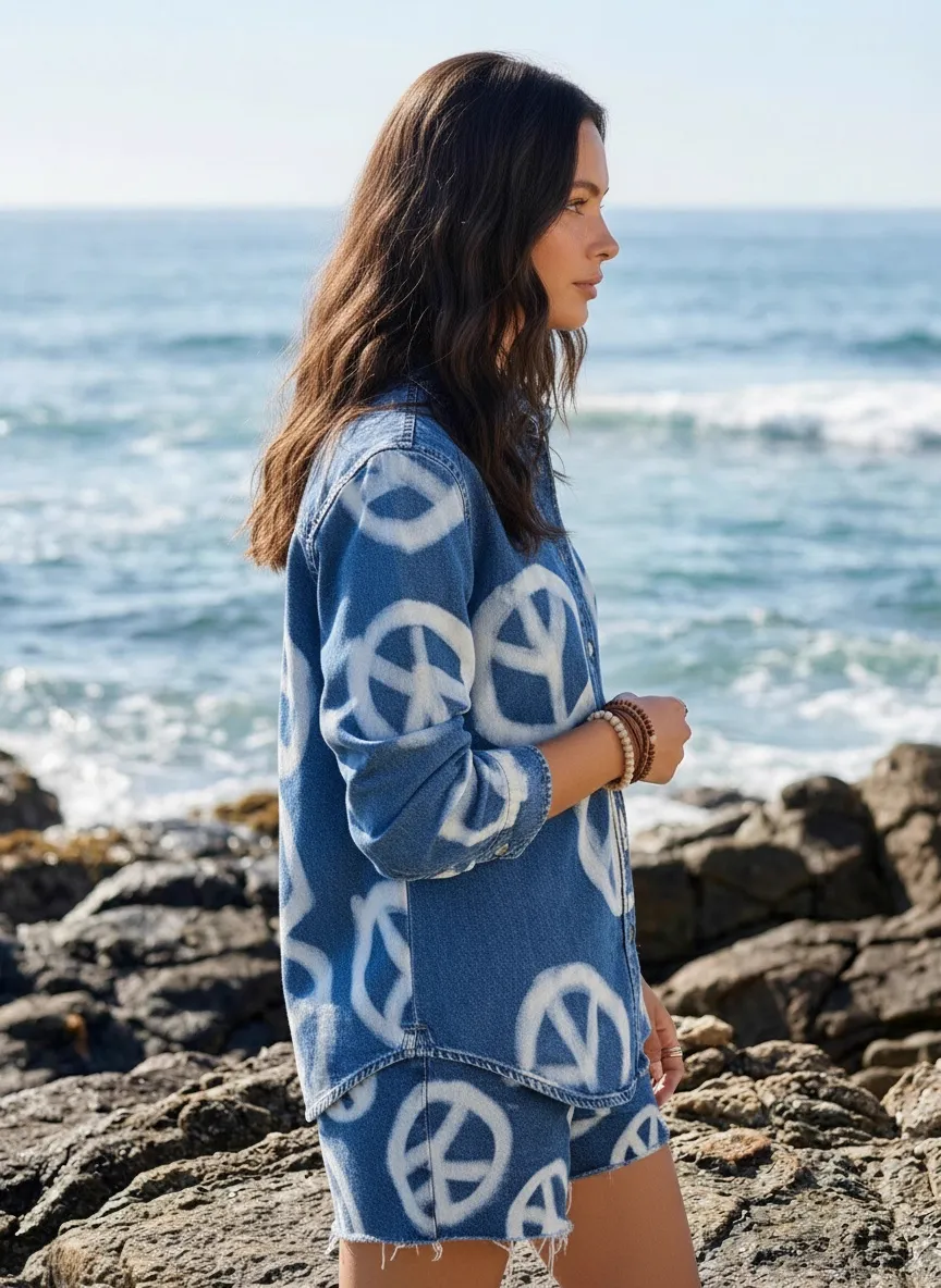 AI-generated model in denim peace set, noon coastal light — pose 2
