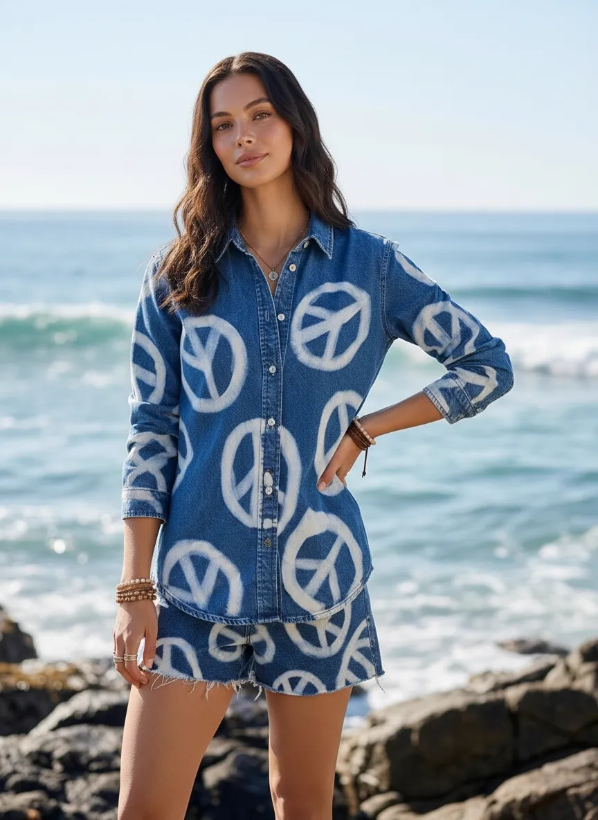 AI-generated model in denim peace set, noon coastal light — pose 3