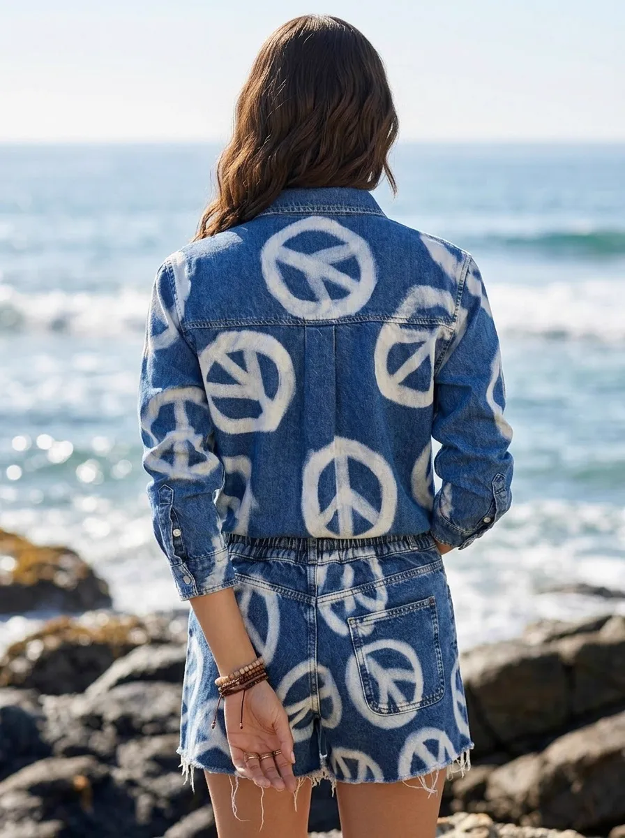 AI-generated model in denim peace set, noon coastal light — pose 4
