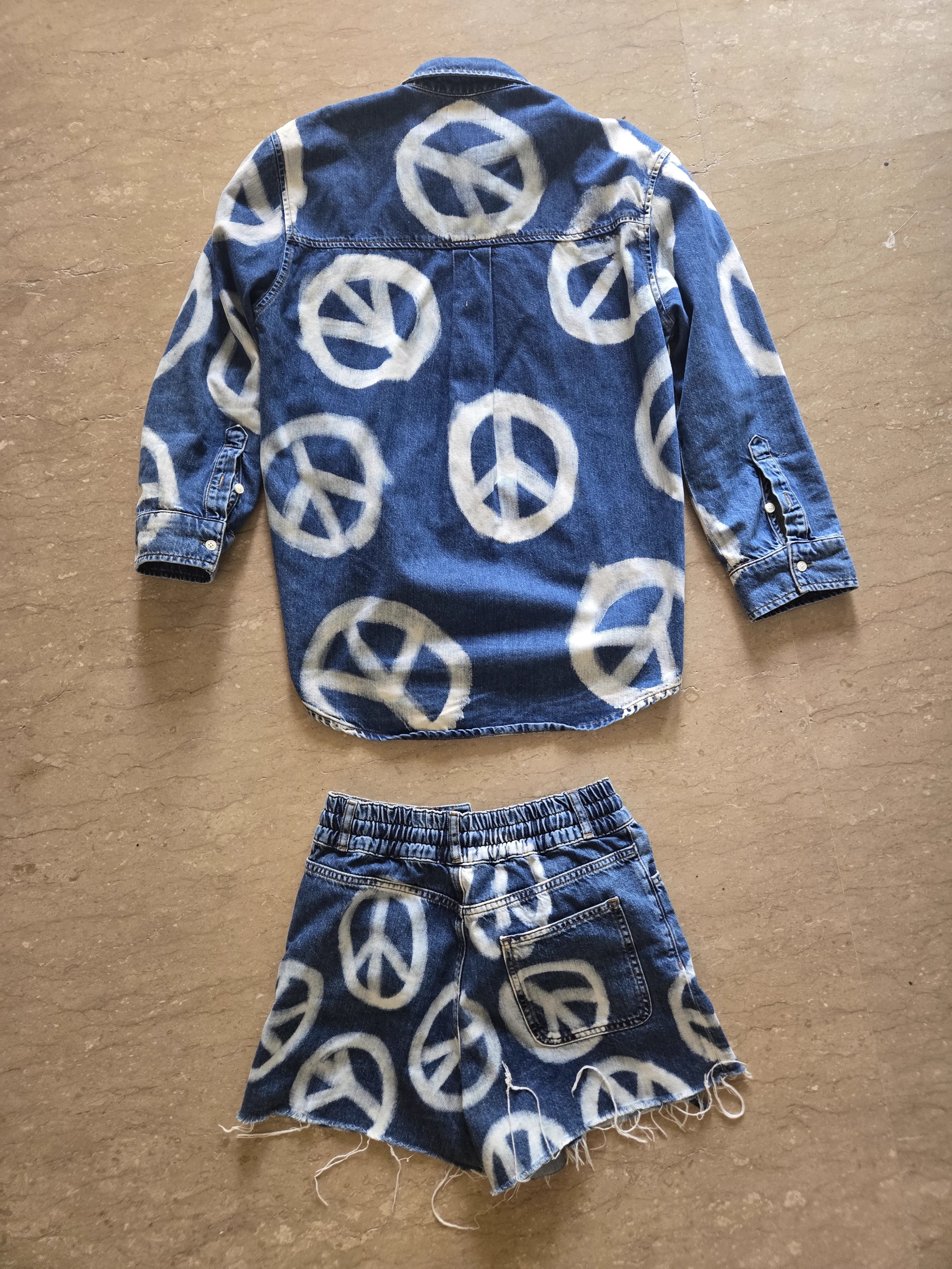 Denim peace-sign shirt and shorts — back reference