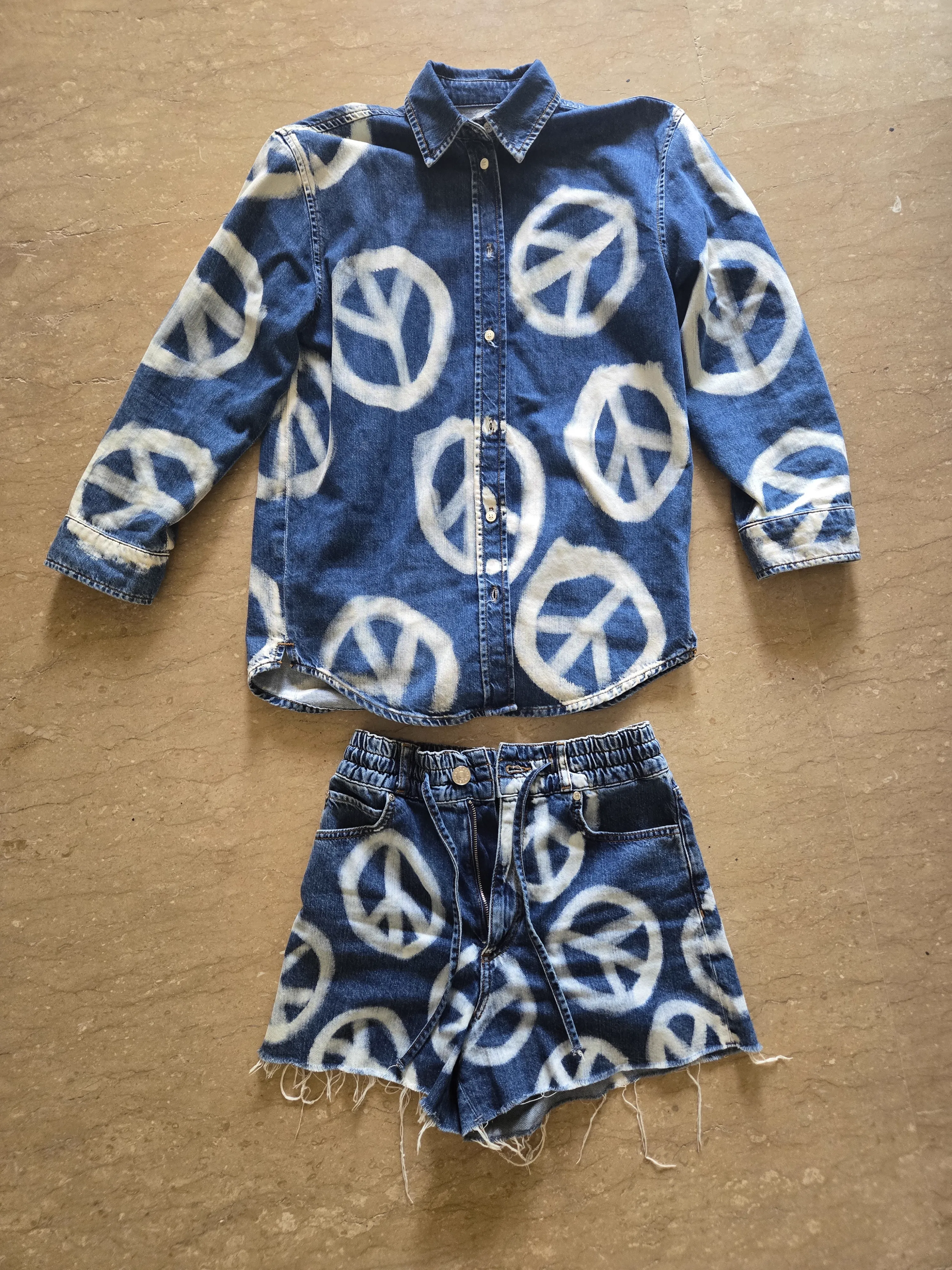 Denim peace-sign shirt and shorts — front reference