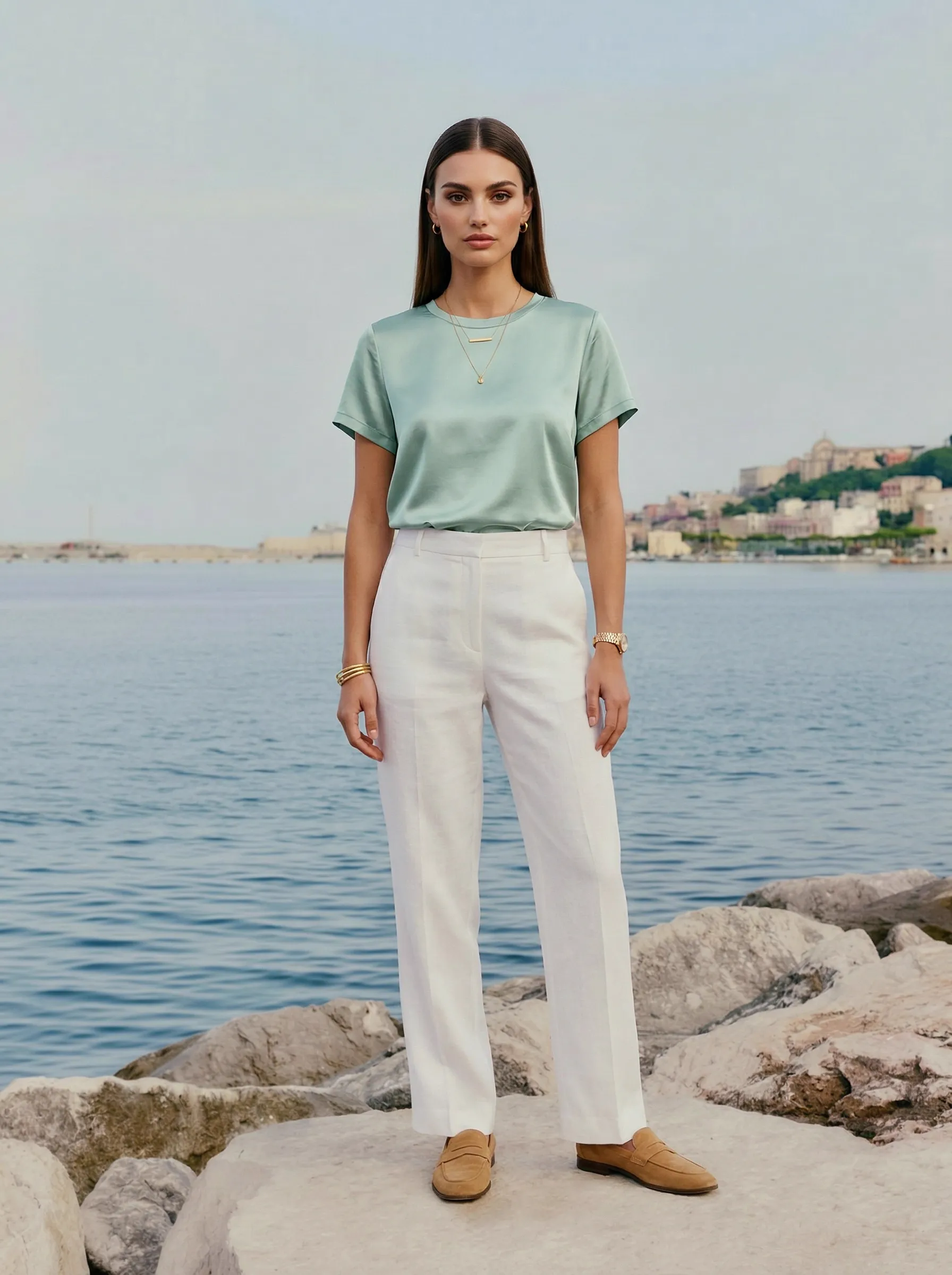AI-generated model in mint satin top, Mediterranean harbor morning light — pose 1