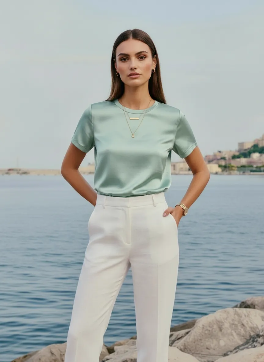 AI-generated model in mint satin top, Mediterranean harbor morning light — pose 2