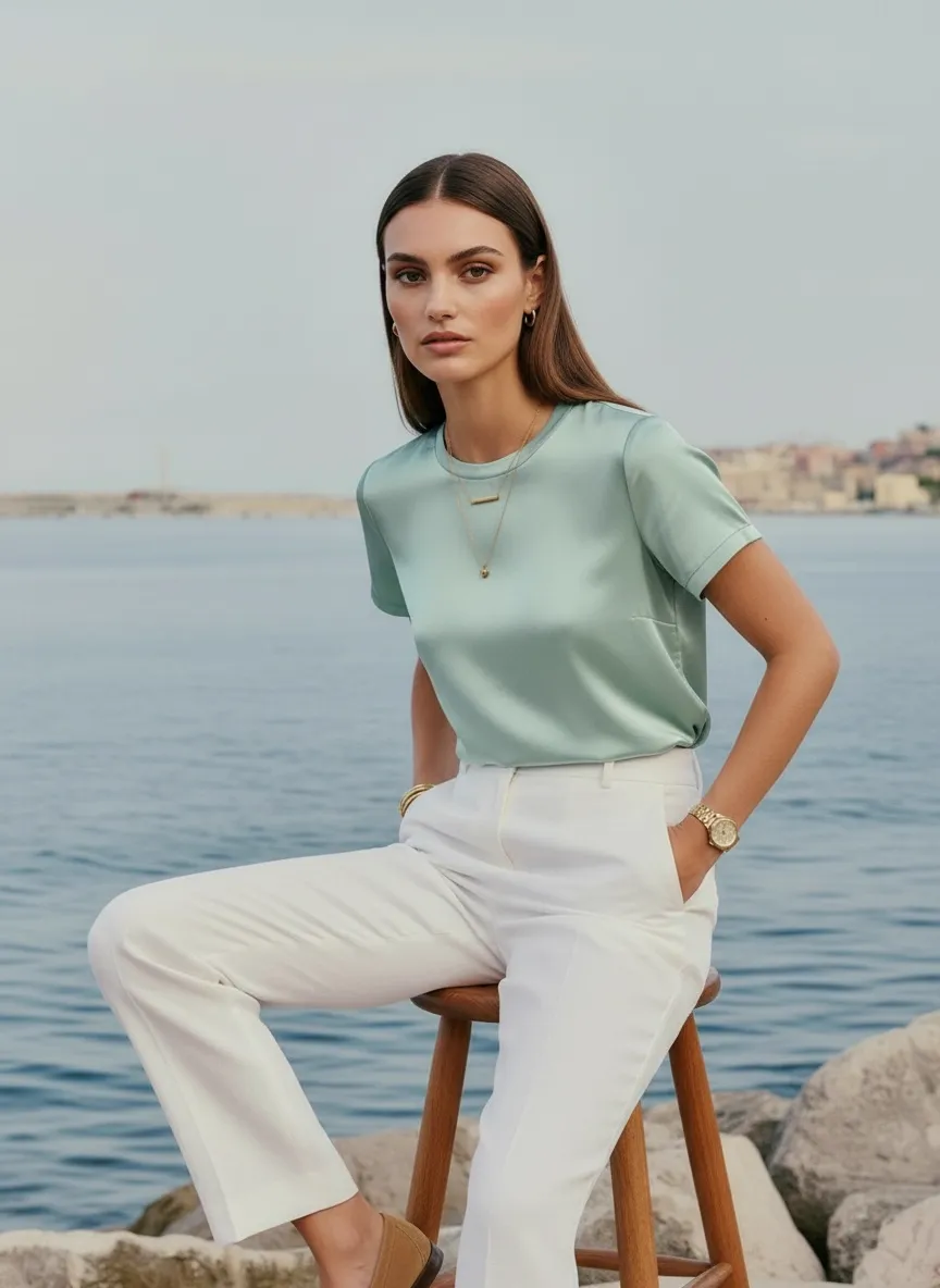 AI-generated model in mint satin top, Mediterranean harbor morning light — pose 3