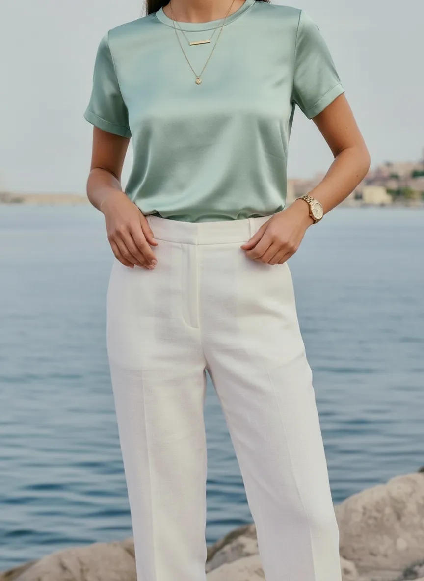 AI-generated model in mint satin top, Mediterranean harbor morning light — pose 4