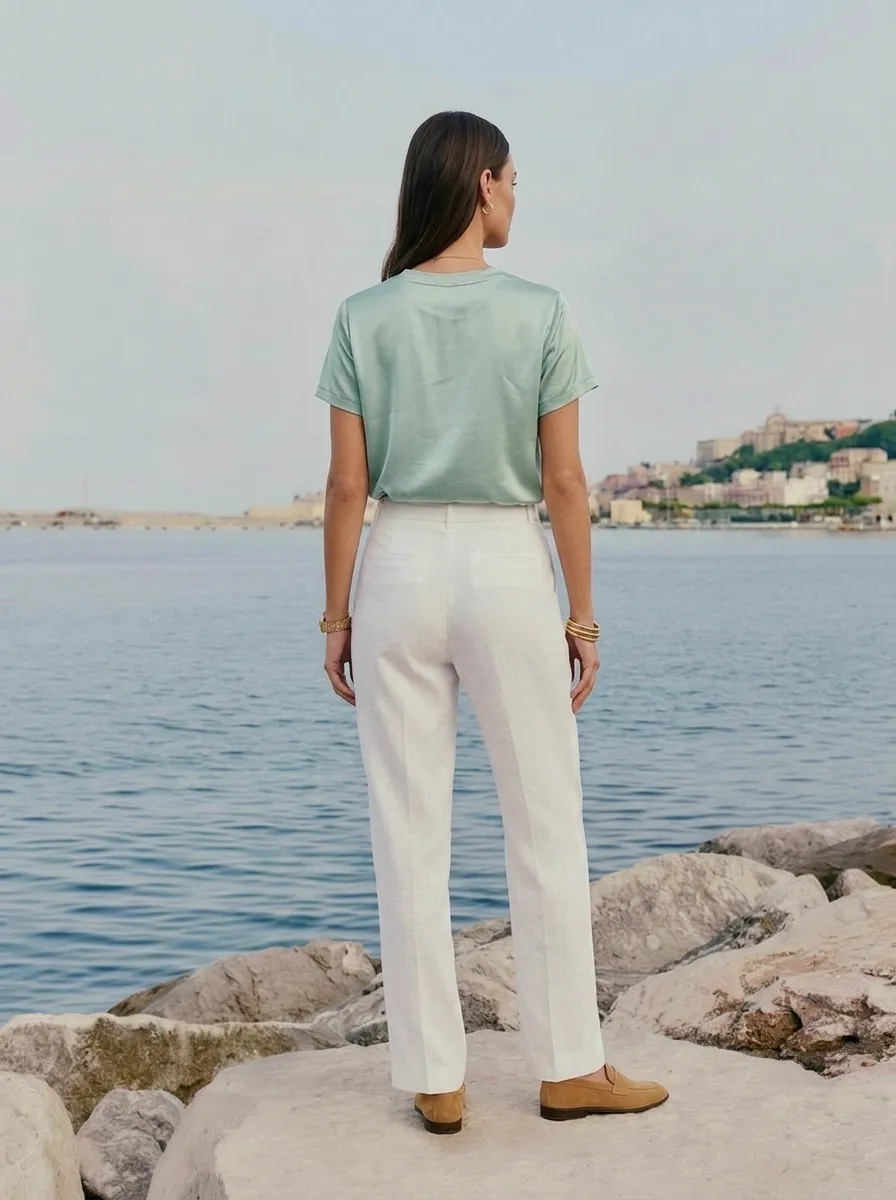 AI-generated model in mint satin top, Mediterranean harbor morning light — pose 5