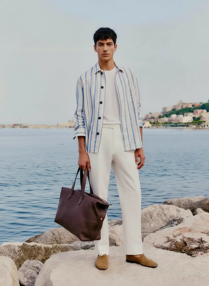 Background reference photo — male model in striped shirt at Mediterranean harbor, used as location source