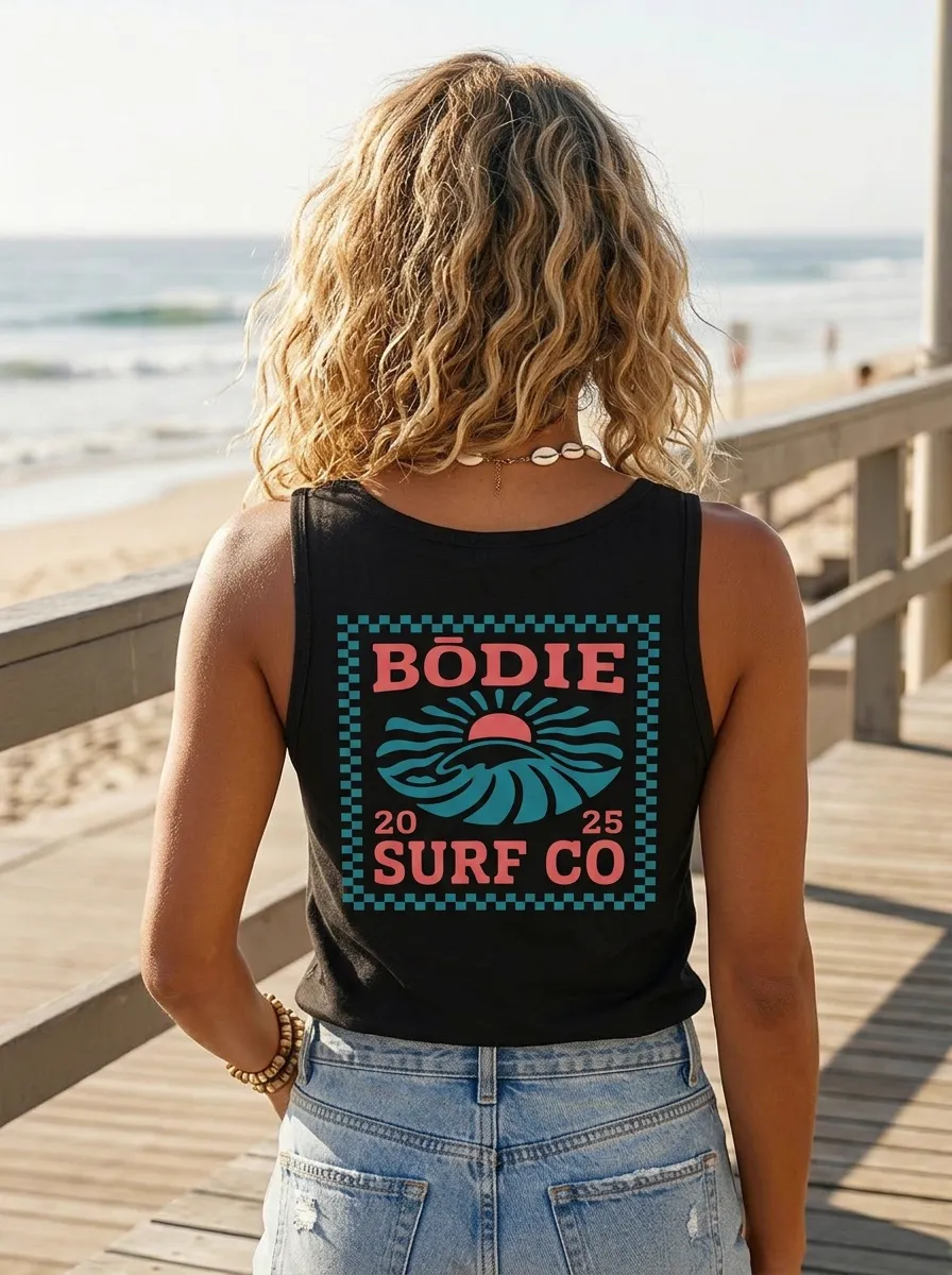 AI-generated model in surf tank, beach boardwalk afternoon light — pose 4