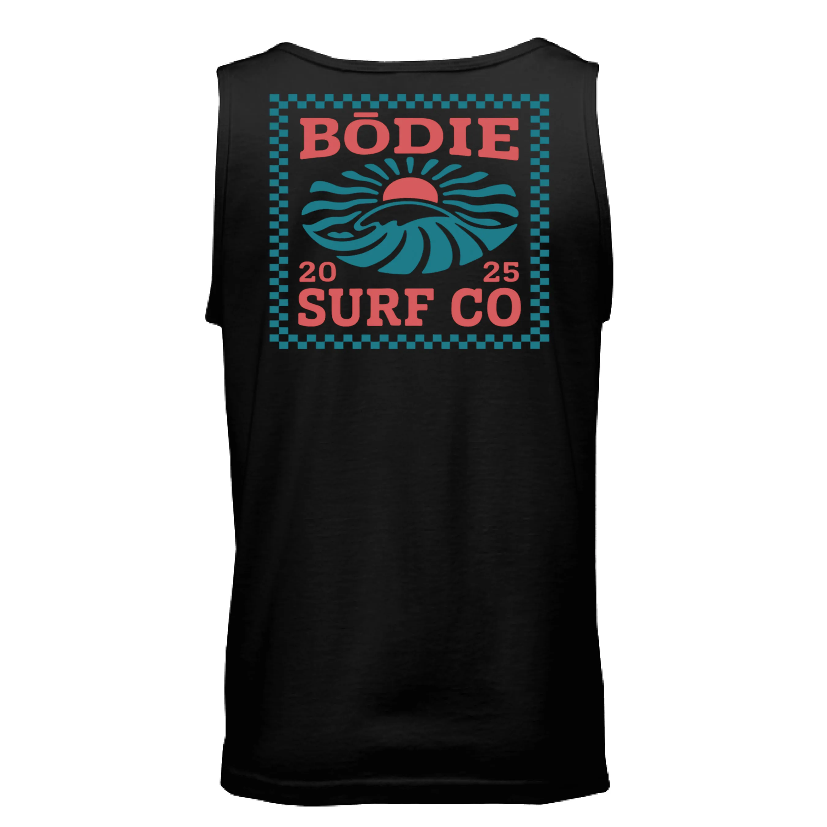 Black surf tank — back reference with large Bōdie Surf Co. yoke print