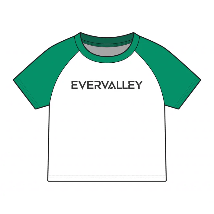 Input technical flat — front view CAD sketch of a raglan tee, white body with forest green sleeves and a wordmark across the chest