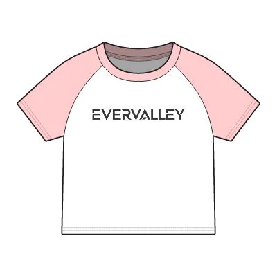 Range board spec — technical flat of the raglan tee in the blush colorway