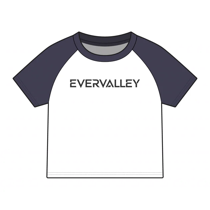 Range board spec — technical flat of the raglan tee in the navy colorway