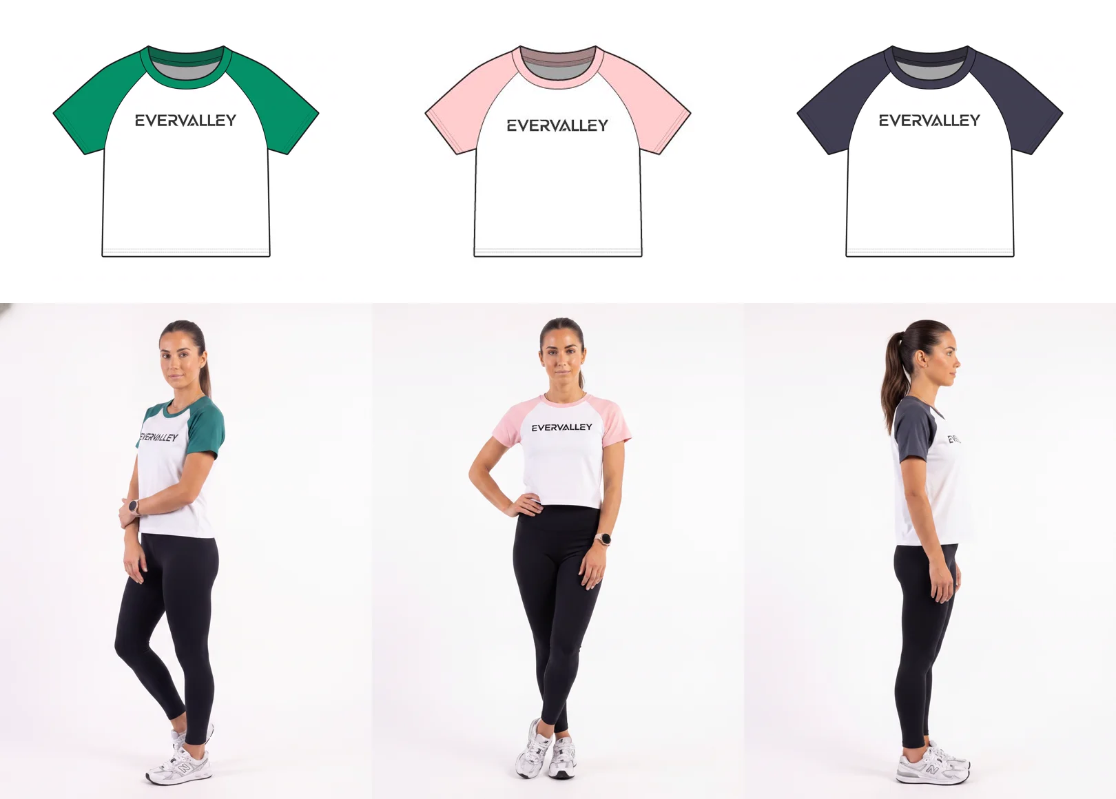 Top row — 2D technical flat sketches of a raglan tee in forest green, blush pink and navy. Bottom row — the MODA AI on-model outputs of those same three flats, on one model in one clean studio