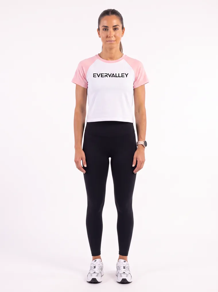 Range board output — the raglan tee in the blush colorway on the shared model and studio