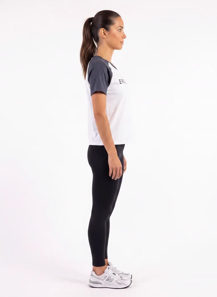MODA AI output — the raglan tee in navy, side profile, full length
