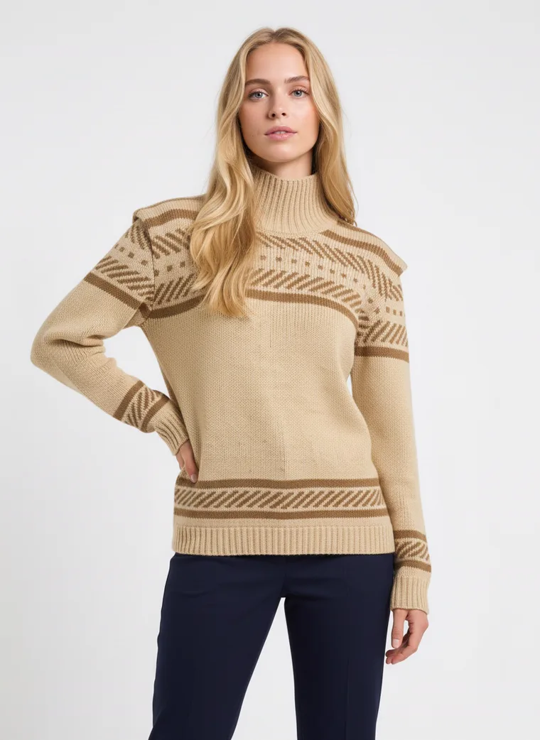 A beige mock-neck knit with brown Fair Isle jacquard bands across the yoke and hem, worn with navy trousers. Fair Isle Mock-Neck Knit in beige, waist-up, hands on hips