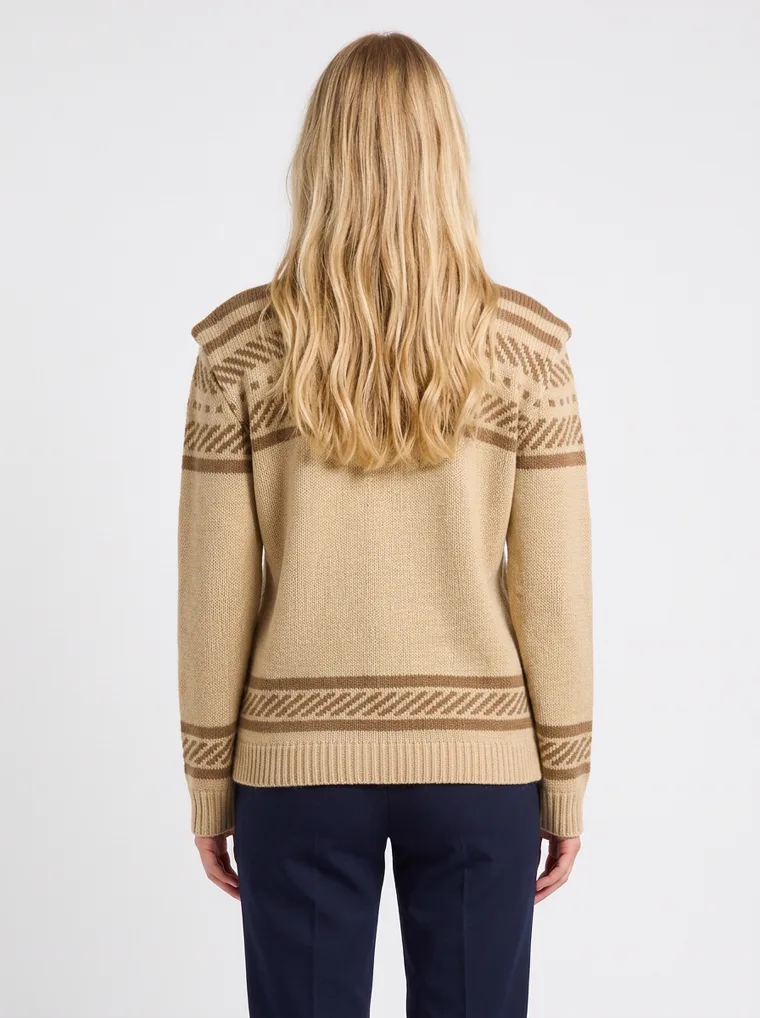 A beige mock-neck knit with brown Fair Isle jacquard bands across the yoke and hem, worn with navy trousers. Fair Isle Mock-Neck Knit in beige, back view