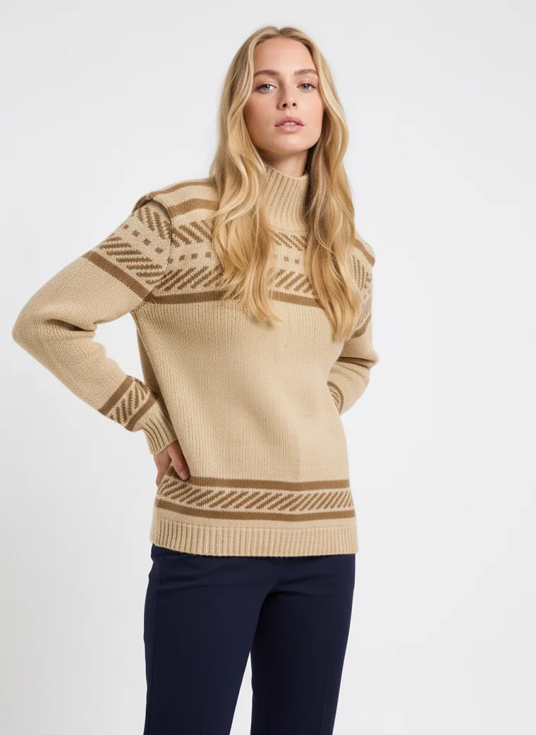 A beige mock-neck knit with brown Fair Isle jacquard bands across the yoke and hem, worn with navy trousers. Fair Isle Mock-Neck Knit in beige, three-quarter