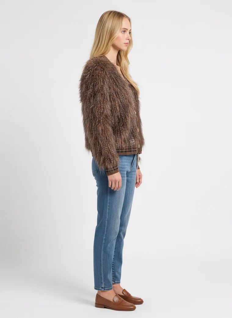 A shaggy brown faux-fur jacket with long brown and cream pile and a button front, worn with straight blue jeans and brown loafers. Shaggy Faux-Fur Jacket in brown, side view