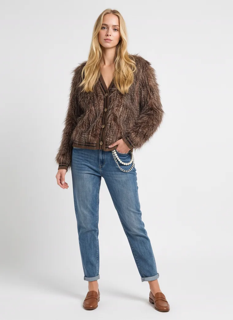 A shaggy brown faux-fur jacket with long brown and cream pile and a button front, worn with straight blue jeans and brown loafers. Shaggy Faux-Fur Jacket in brown, front, full length with a chain belt