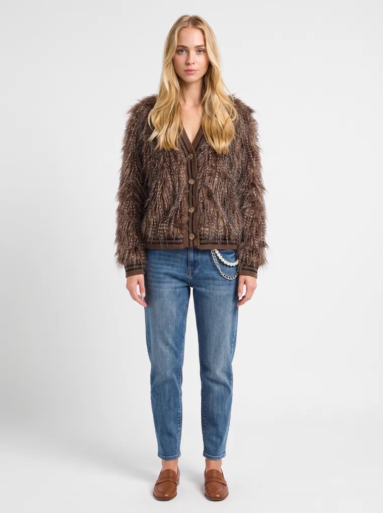 A shaggy brown faux-fur jacket with long brown and cream pile and a button front, worn with straight blue jeans and brown loafers. Shaggy Faux-Fur Jacket in brown, front view
