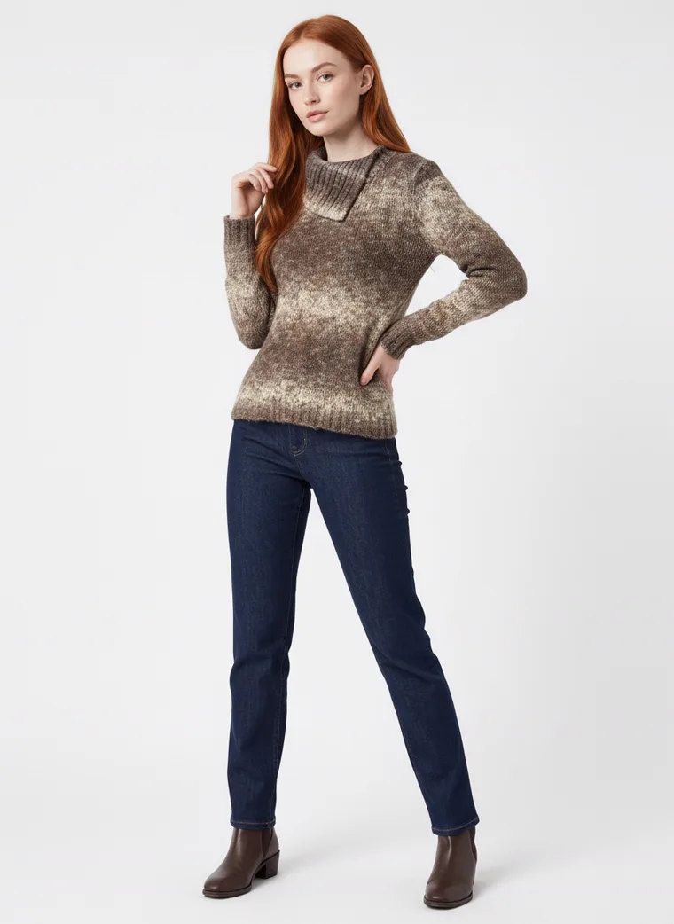 A model in a space-dyed brown and cream marled funnel-neck knit, full length in three-quarter with one hand in her hair, the knit falling softly over dark jeans