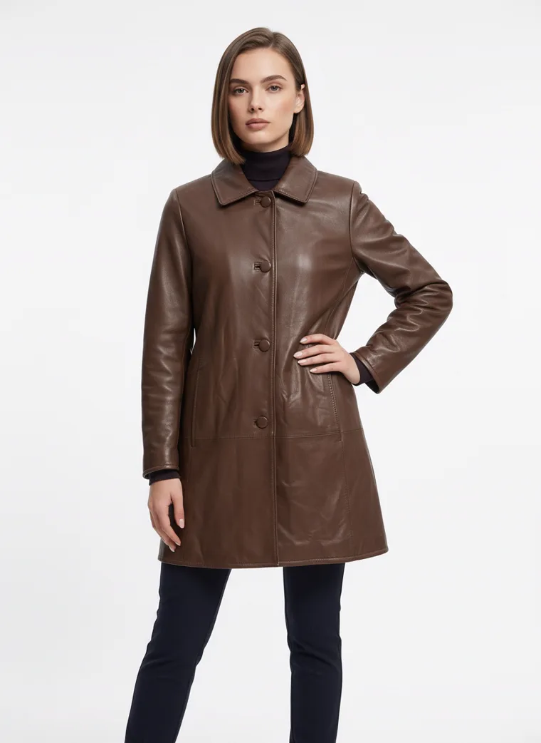 A brown leather car coat with a point collar, button front and quilted lining, worn with a black roll neck and black trousers. Leather Car Coat in brown, three-quarter, hand on hip