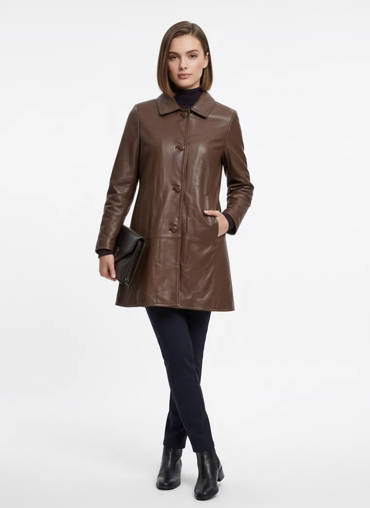 A brown leather car coat with a point collar, button front and quilted lining, worn with a black roll neck and black trousers. Leather Car Coat in brown, front, full length with a bag