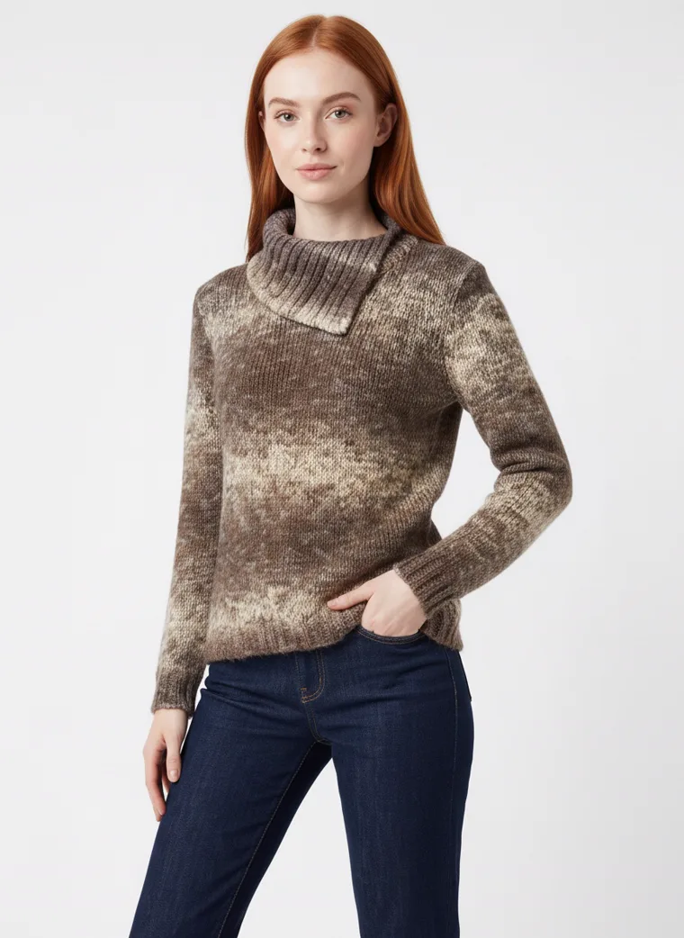 A space-dyed brown and cream marled knit sweater with a fold-over funnel neck, worn with dark straight jeans. Marled Funnel-Neck Knit in brown marl, waist-up three-quarter