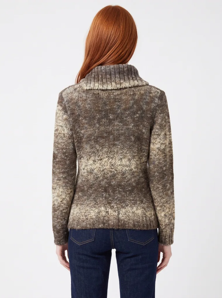 A space-dyed brown and cream marled knit sweater with a fold-over funnel neck, worn with dark straight jeans. Marled Funnel-Neck Knit in brown marl, back view