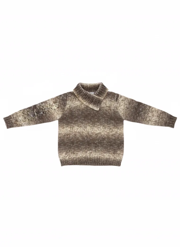 A space-dyed brown and cream marled knit sweater with a fold-over funnel neck, worn with dark straight jeans. Marled Funnel-Neck Knit in brown marl, laid flat