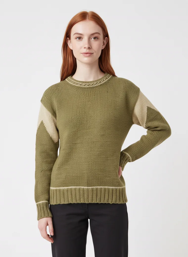 A model in an olive knit with tan contrast shoulder panels, waist-up in three-quarter, close enough to read the stitch and the panel seams