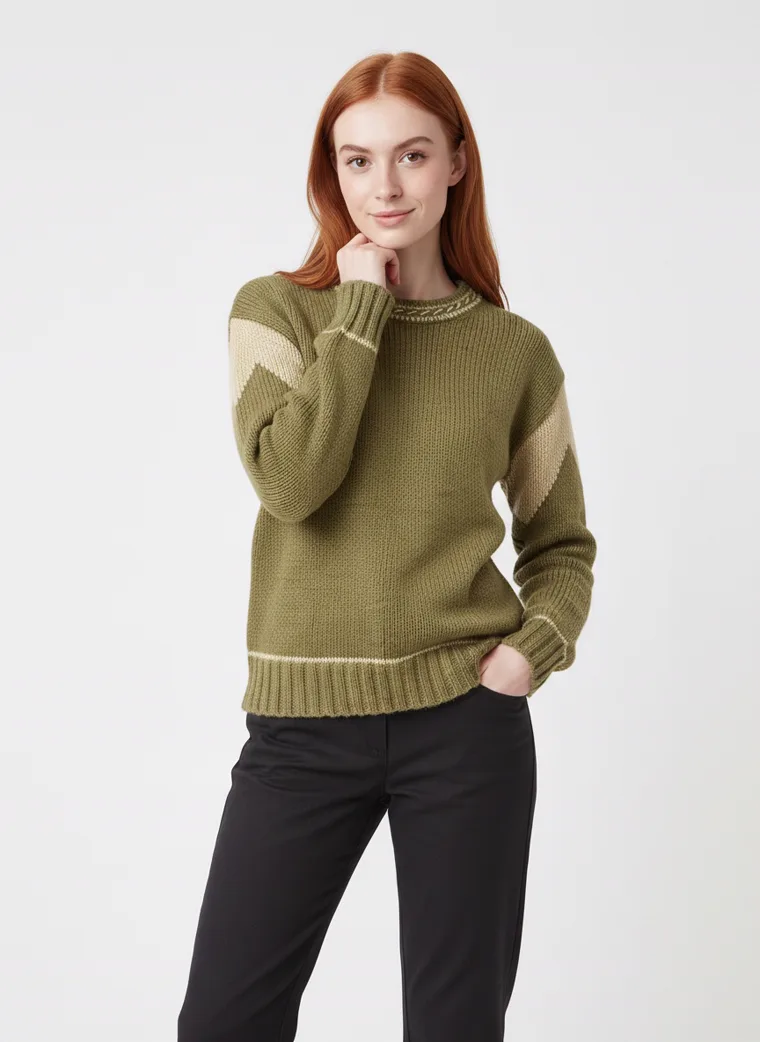 An olive crew-neck knit with tan contrast shoulder panels and cream tipping at the neck and cuffs, worn with black trousers. Knit with Contrast Panels in olive, three-quarter, full length