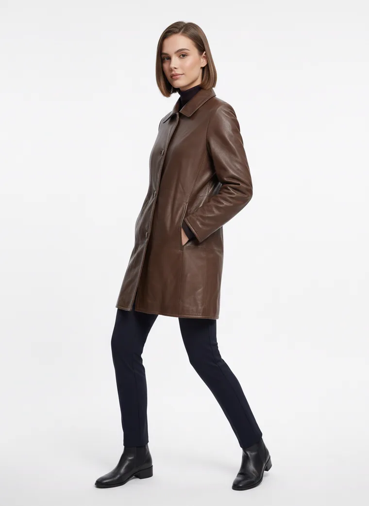 A model walking in a brown leather car coat, the coat moving as one piece