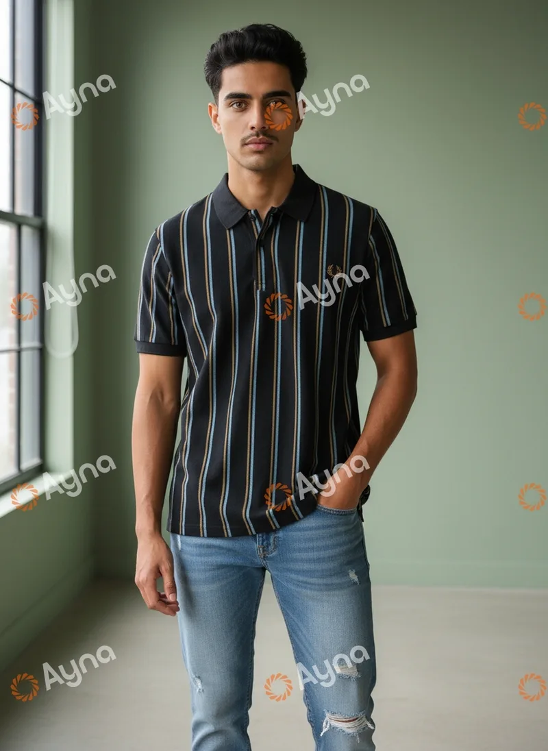Ayna output, the front view. The striped navy polo on a generated male model with a moustache, standing in a warm green room by a window, with the Ayna watermark tiled across the frame