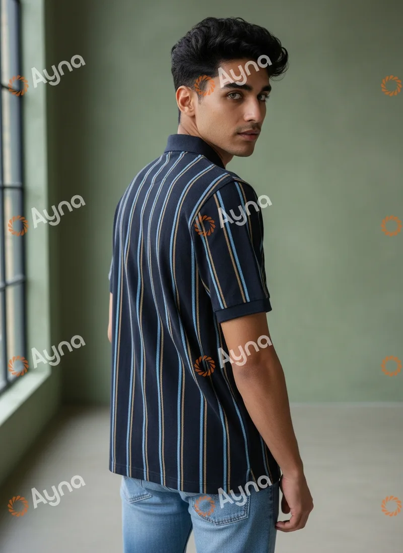 Ayna run three, the back image, showing a third different male model with wavier hair and a sharper jaw, looking over his shoulder in the same striped navy polo
