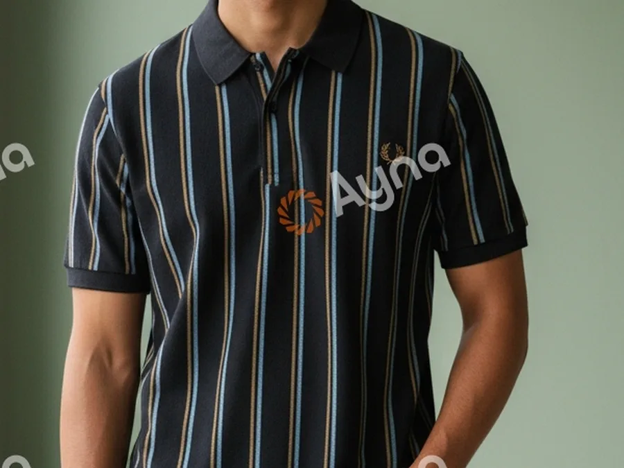 Close crop of Ayna trial output. The Ayna wordmark and orange aperture logo are tiled across the chest of the striped navy polo, one of them sitting directly over the brand’s embroidered laurel wreath